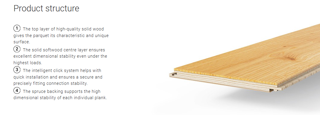 Wooden flooring panel with text describing its features