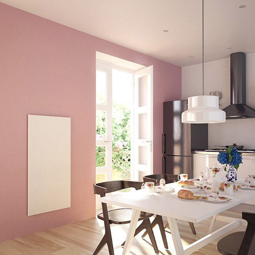 infrared heating panel, wall mounted and installed in a kitchen with table and chairs