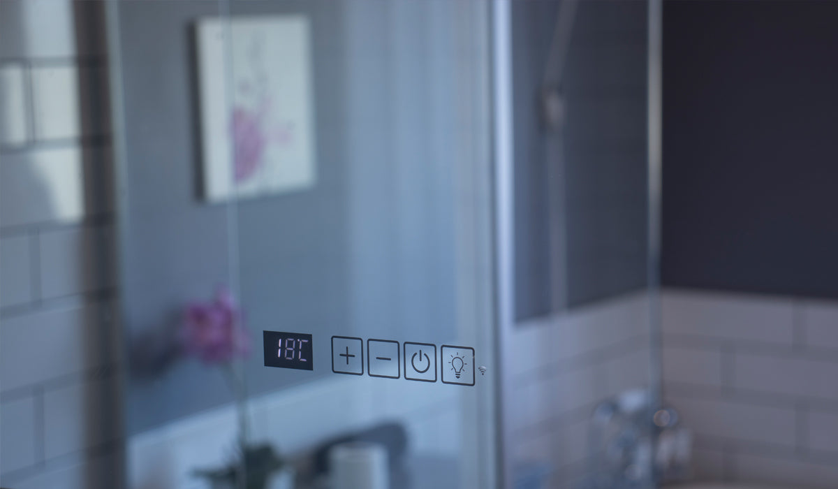 infrared heater showing integrated thermostat in a luxury bathroom