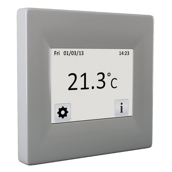 Digital thermostat with display showing temperature and date on a white background