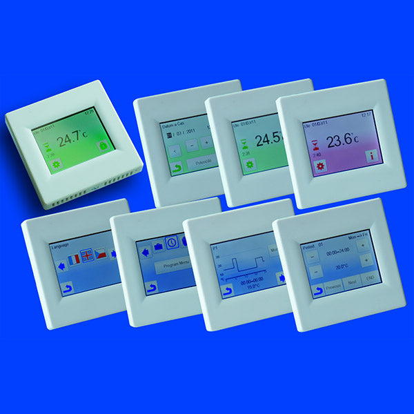 Set of digital temperature controllers on a blue background showing various coloured screens