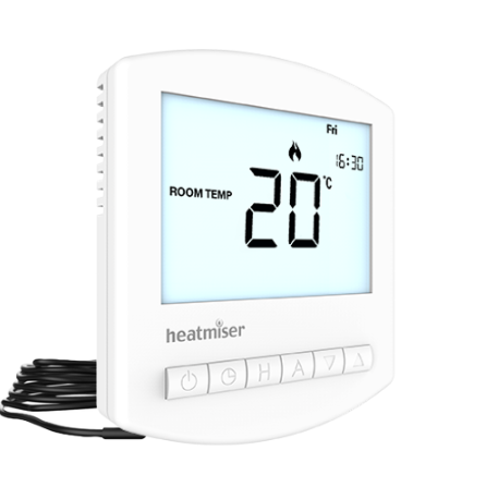 Digital thermostat with screen displaying room temperature on a white background