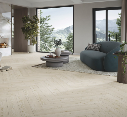 Larch Yukon white-  Modern Trendtime 3,  Herringbone,  Matt-finish texture