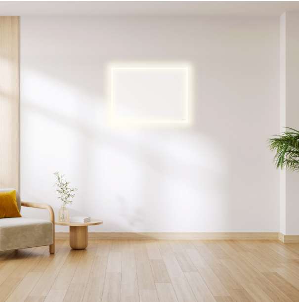 Modern interior with a light-colored sofa, coffee table, and the light given of from LED infrared heater