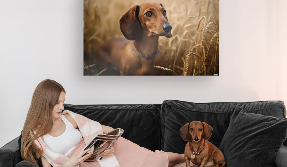 Infrared heat panel on wall with lady and dog on a couch relaxing.