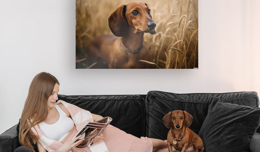 Infrared heat panel on wall with lady and dog on a couch relaxing.