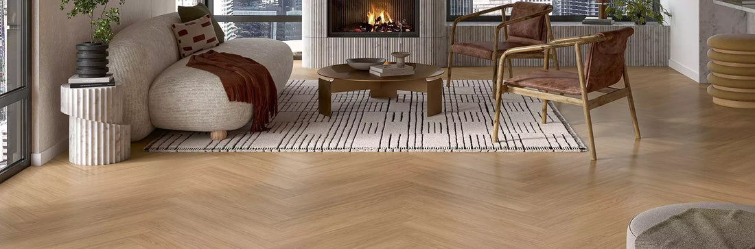 living-room with engineered wood flooring, furniture and fireplace