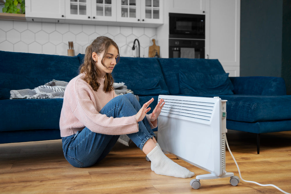 Woman using a space heater in a living room