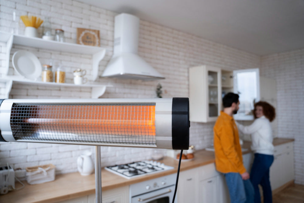 Infrared heater in a kitchen with two people standing nearby