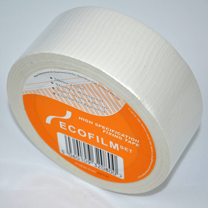 A roll of white heavy duty adhesive tape with an orange label that reads 'ECOFILMSET'.