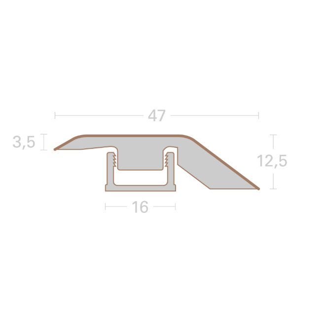 Adapting profile with dimensions labeled on a white background