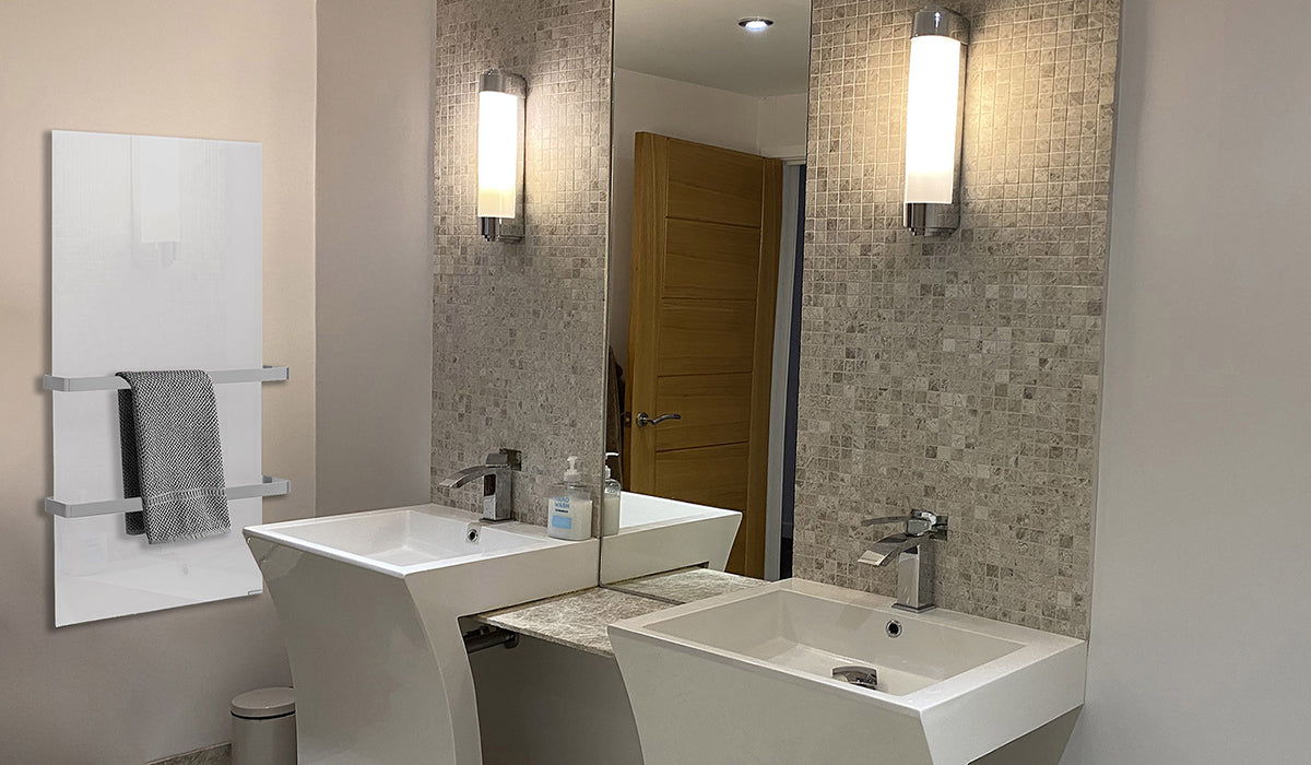 XLS TOWEL HEATER WITH A GREY TOWEL, 2 LARGE BATHROOM SINKS AND A MIRROR