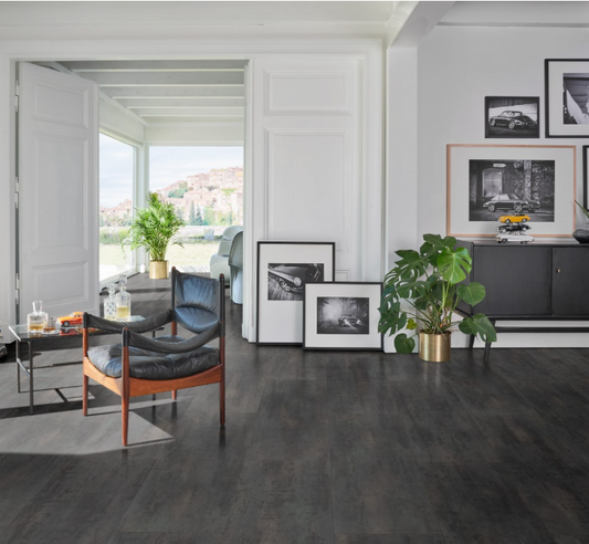 Parador Trendtime 5 Crude Steel extra-wide laminate flooring in modern interior with art