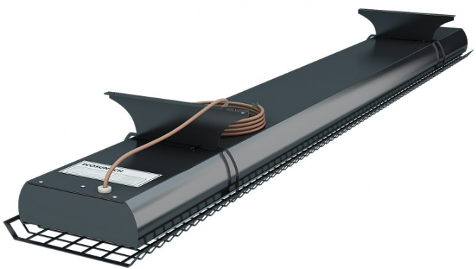 Modern black electric heater with wire guard.