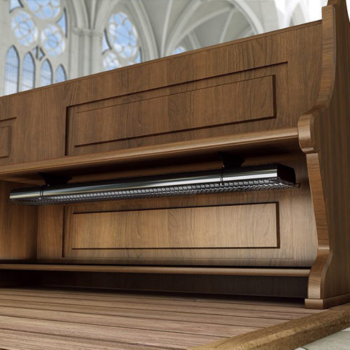 A large Church Pew in brtown with Ecosu CH church pew heater fixed underneath.