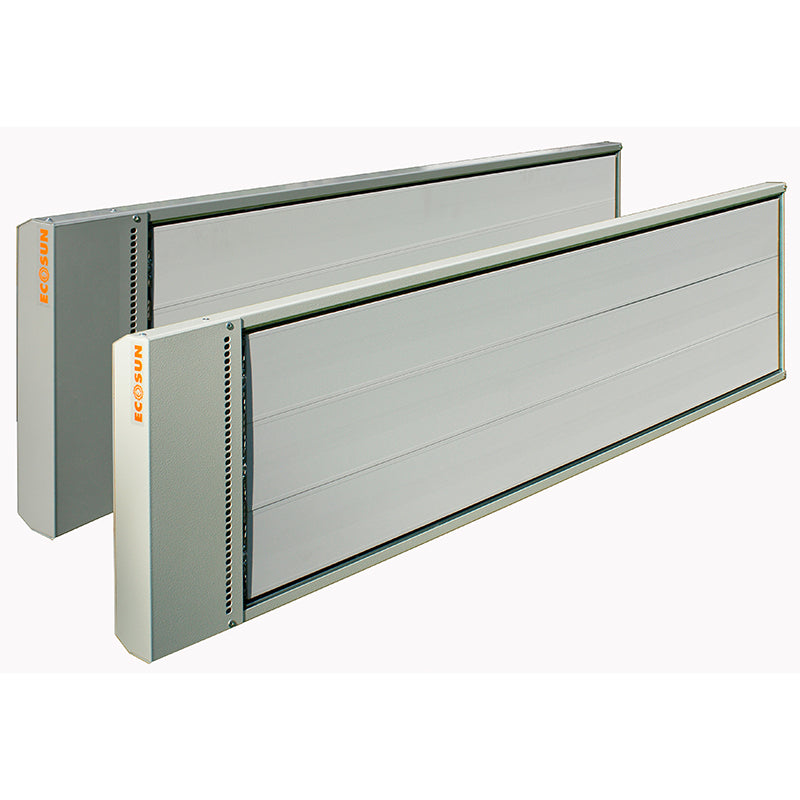 Two gray and white Ecosun radiant panel space heaters mounted horizontally.
