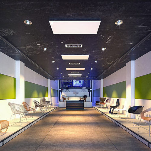 various Ceiling mounted infraredf heaters  in large waiting area with chairs