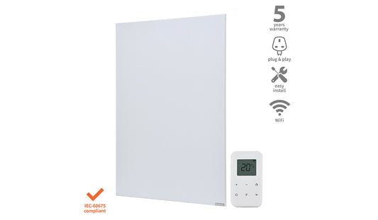 Front view of a white frameless Herschel Select XLS infrared panel heater with plug in thermostat on a plain background. showing safety compliance and warranty