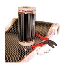 A roll of ECOFILM Ceiling Heating Element with installation tools, designed for providing indoor heating.