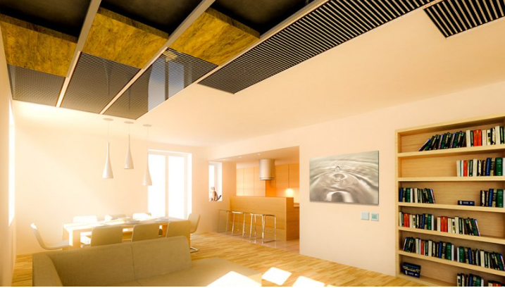 Modern office interior with bookshelf, desk, and chairs. Sections of Ceiling with Ecofilm fitted. Sunlight streaming in.