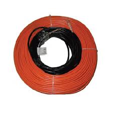 A roll of orange underfloor heating cable with a black metallic earth screen, typically used in new build projects for providing heating.