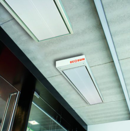 Ceiling-mounted light fixture with 'Ecosun' branding on a white commercial infrared heater fixed onto an outside cement ceiling 