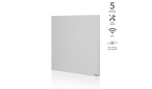 A white infrared ceiling tile heater with Herschel branding and product information icons indicating 5 stars for energy efficiency, Wi-Fi connectivity, and a flyaway symbol suggesting easy installation.