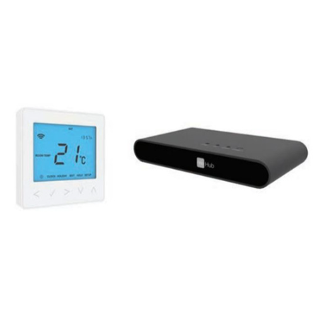 White digital thermostat with blue screen and black device on a white background. Flexel neo kit-e product pohto