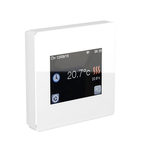 Flexel Touch white wifi thermostat display on a light background