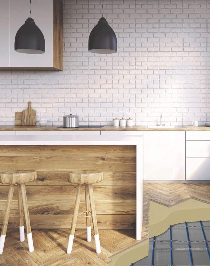 Inscreed underfloor heating example in a Modern kitchen with wooden island and stools.
