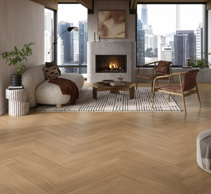 Modern living room with Oak-Artemis-caramel-brown floor, fireplace, and cityscape view