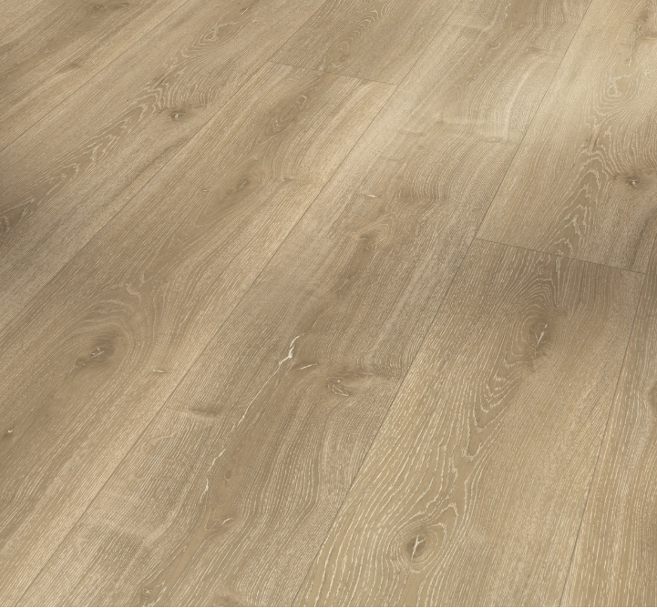 Angled view of Parador Trendtime 6 Oak Royal Light-Limed vinyl château planks highlighting the brushed texture and light limed oak tones.