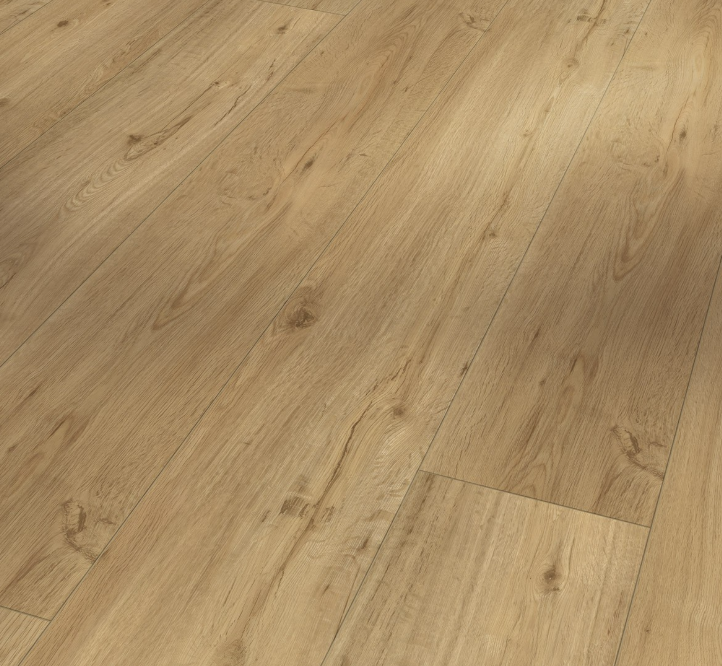 Angled view of Parador Trendtime 6 Oak Natural vinyl château planks highlighting the brushed texture and natural oak tones.