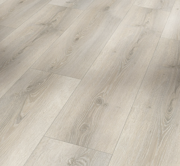 Close-up of a wooden floor with a light gray finish