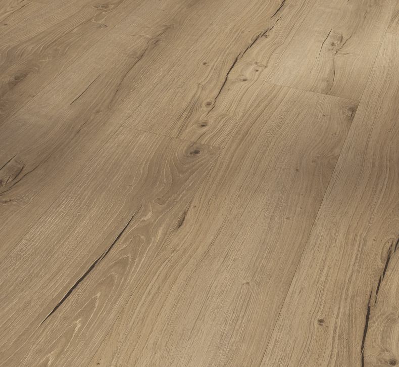 Angled close-up of wooden flooring with a natural finish