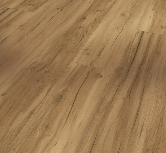 Slant view of Oak Memory natural flooring with a warm brown color and visible grain.