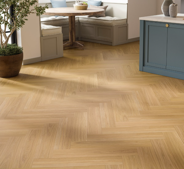 Oak Oxford caramel brown with a herringbone pattern in a kitchen/breakfast room with furniture and decor.
