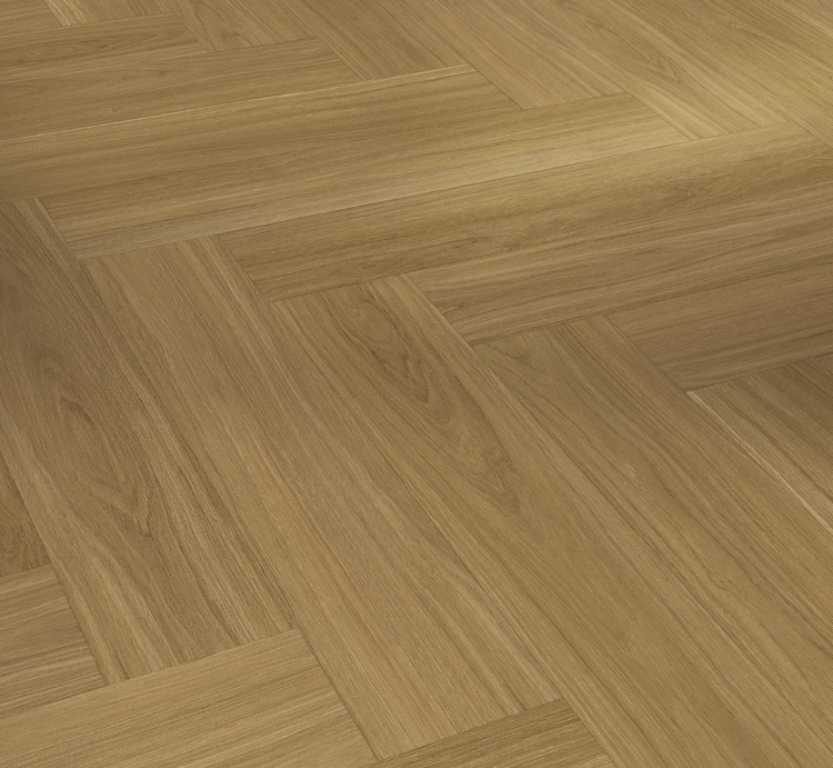 Close-up of Oak Oxford caramel brown flooring with herringbone design