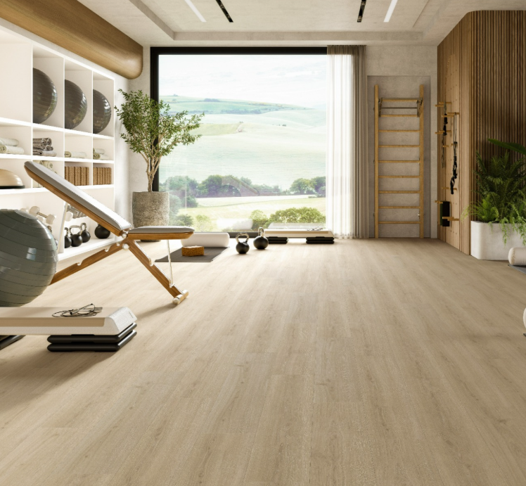 Modern home gym with Oak Regent beige flooring and large windows