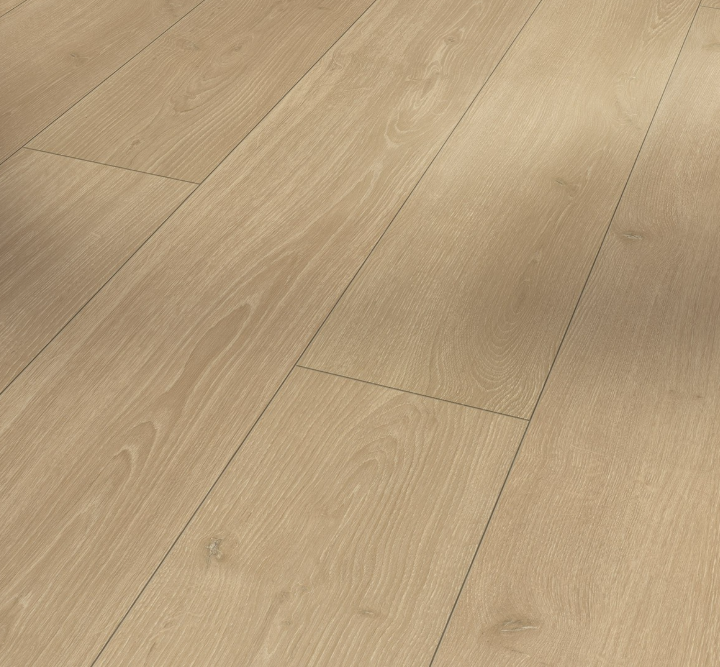 Close-up of a wooden floor with planks arranged in a angled pattern to show off the board size