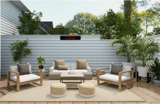 Outdoor patio set with wooden chairs, ottomans, and a coffee table on a wooden deck. One large Rio Patio Heater behind seating area on the wall- high up.