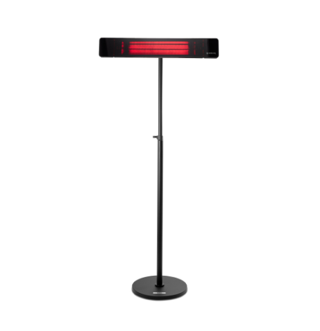Black outdoor heater and stand with red light on a white background