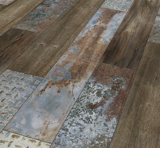 Close-up of rustic wooden flooring with metal accents