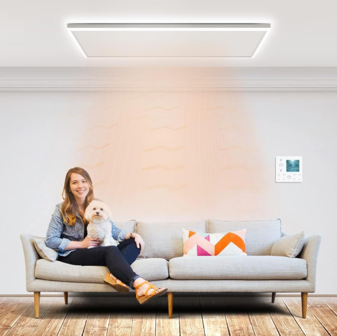 Infrared ceiling heating panel providing efficient warmth in a modern home living space