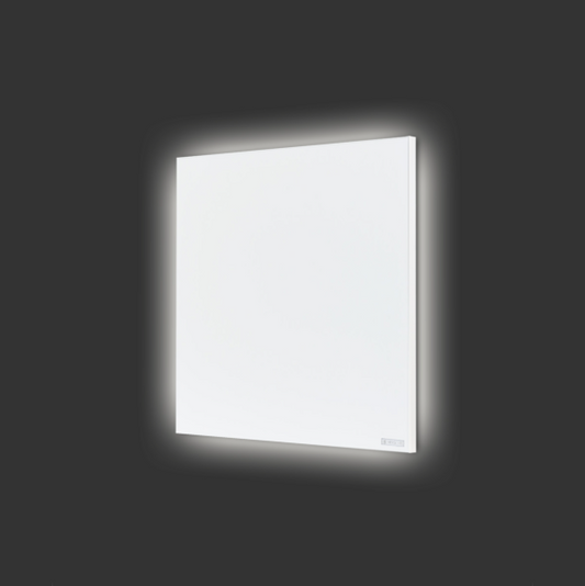 Square infrared heater and light fixture on a black background