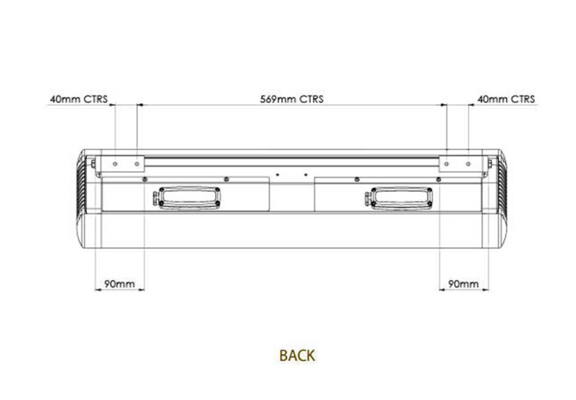 Technical drawing of the back of Sorrento double infrared heater  with dimensions on a white background