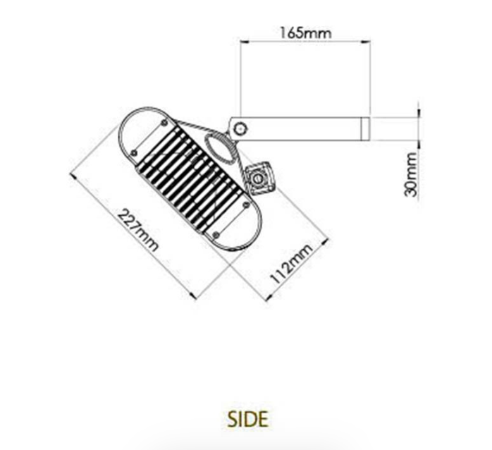 Technical drawing of the side of Sorrento double infrared heater  with dimensions on a white background