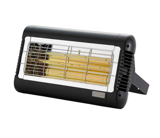 Black outdoor heater with visible heating elements on a white background