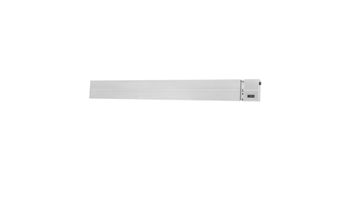 A white, slimline infrared heater with a modern design, designed to be wall mounted.