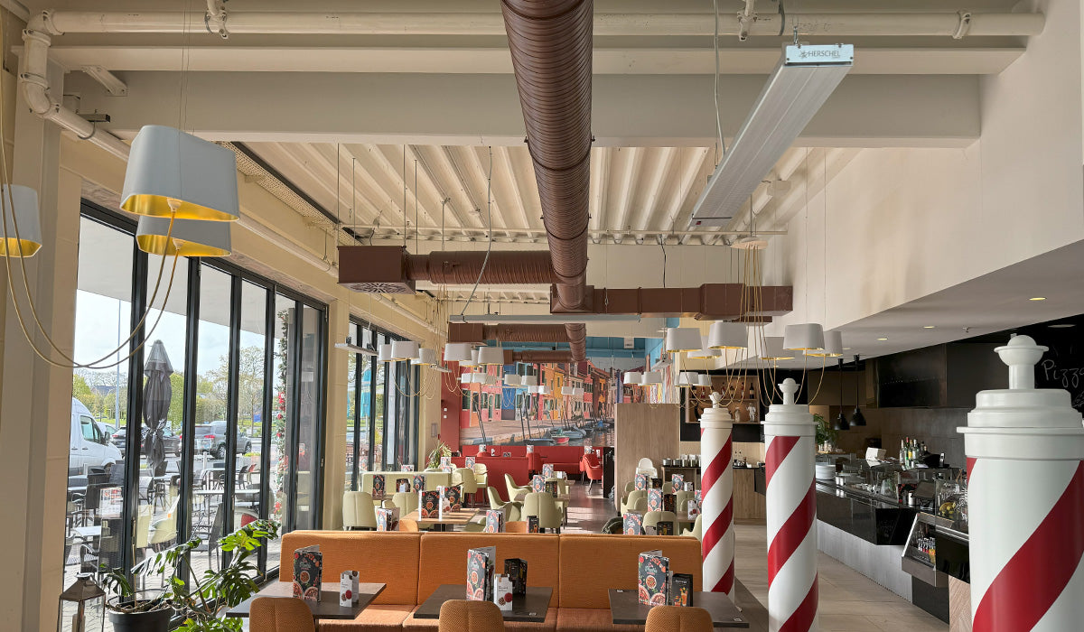 Ice cream parlor with white summit heater hanging from the ceiling